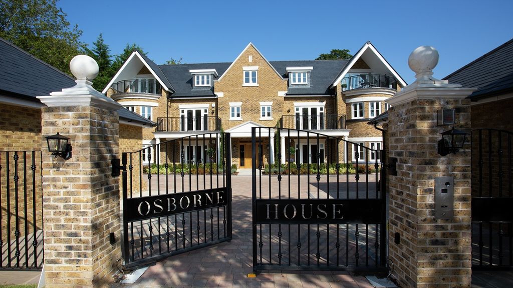 Gated entrance to the Osborne House apartment building off Charters Road in Sunningdale, Berkshire.